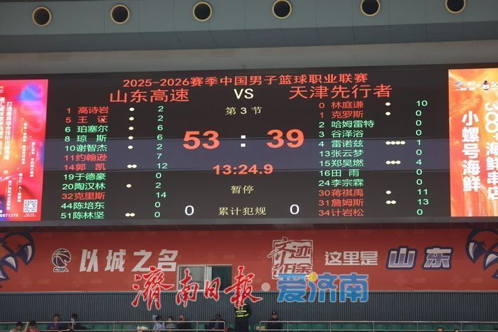 山东男篮半场领先14分，主场气势如虹